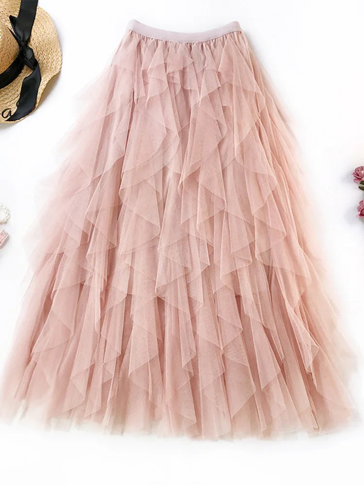 Fashion Tutu Tulle Skirt Women Long Maxi Skirt Spring Summer Korean Black Pink High Waist Pleated Skirt Female Pink One Size