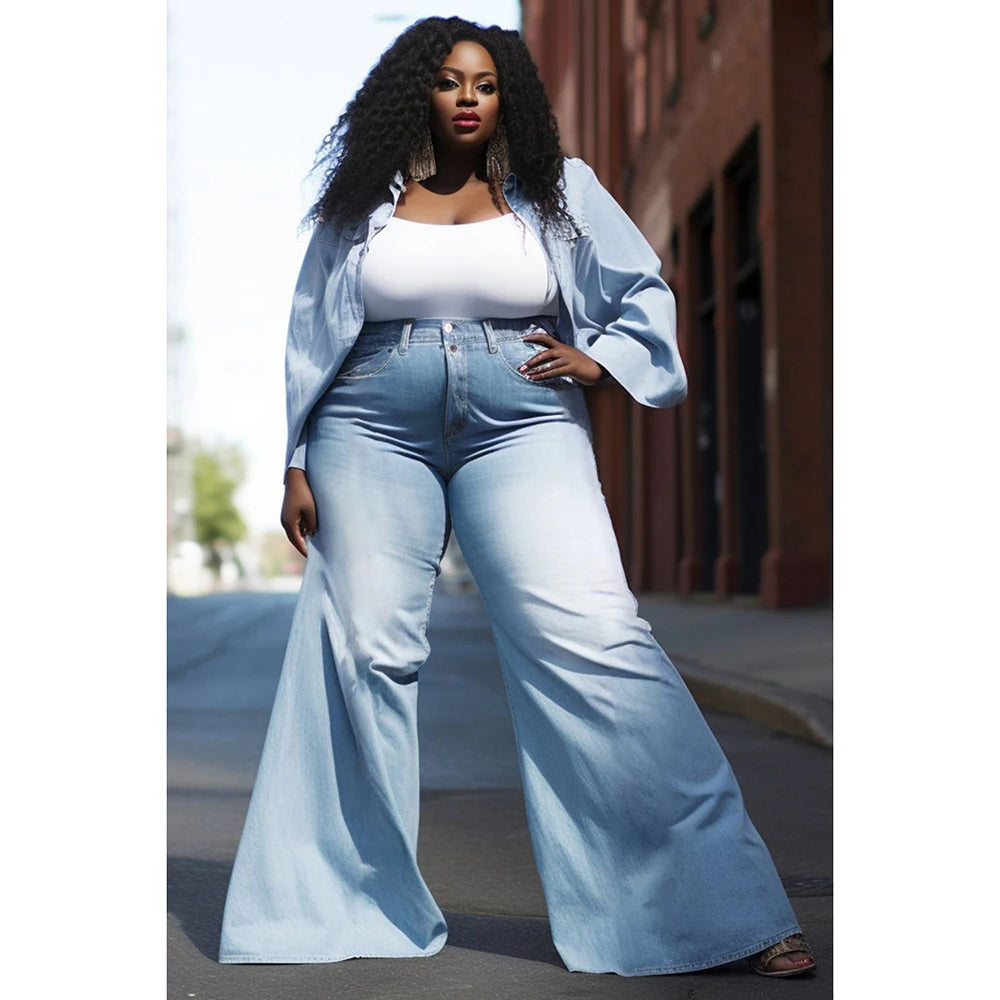 Plus Size Women'S Denim Suit Light Blue Spring And Summer Shirt Collar Long Sleeve Denim Fashion Tops And Bottoms Two-Piece Suit