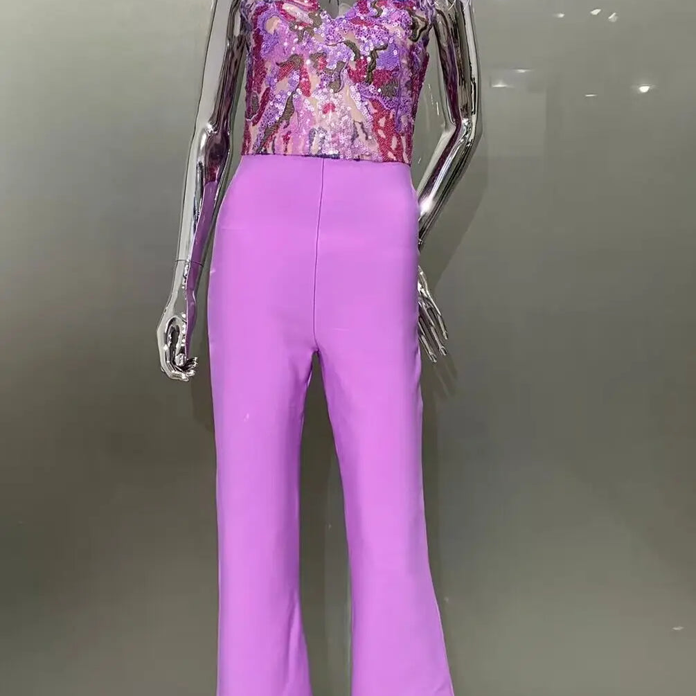 High Quality Gorgeous Feathers Shining Sequins Sexy V-Neck Sleeveless Violet Jumpsuit Graceful Woman Evening Party Outfit
