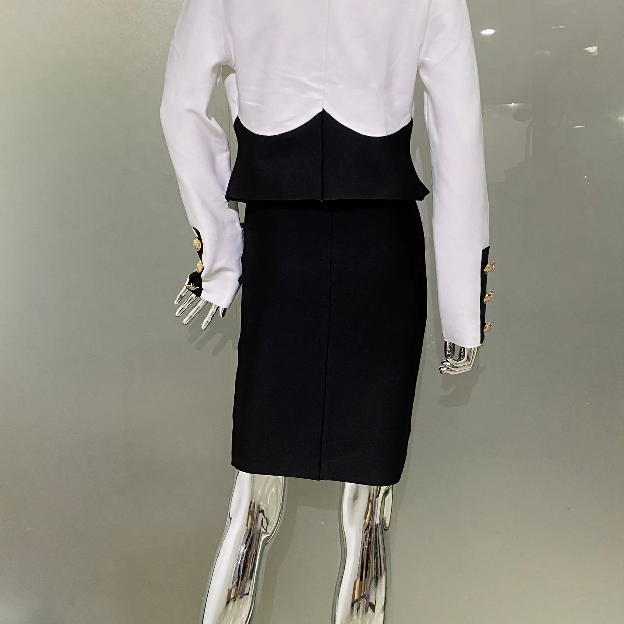 New Arrivals Fashionable  Women's Bandage Set Golden Buttons White Patchwork Black Coat And Sleeveless Bodycon MIini Dress