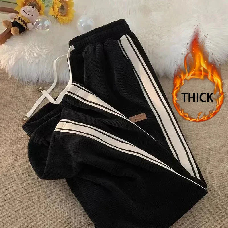 Corduroy Striped Sweatpants Women Streetwear Thick Wide Leg Pants Y2K Harajuku High Waist Joggers Korean Baggy Trousers BlackThick