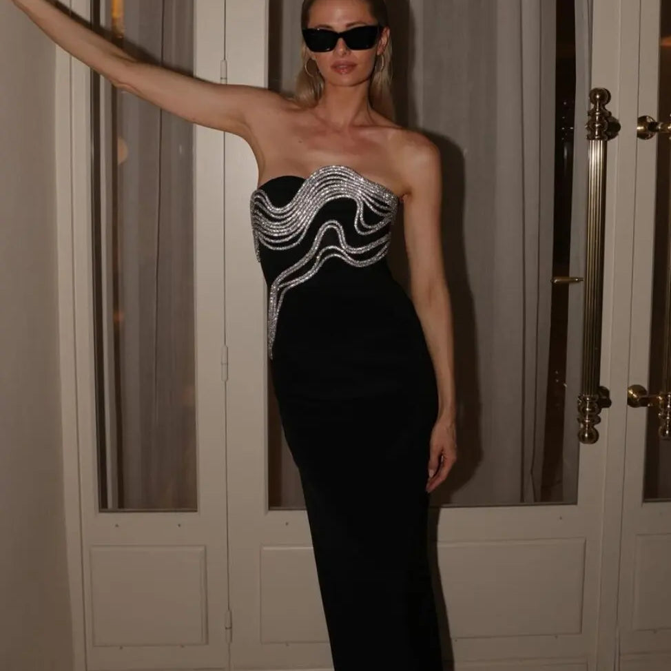 Vestido de celebridade no tapete vermelho feminino, sexy, sem alças, com linhas de diamante, bodycon, bandagem, vestido longo, elegante, para festa à noite