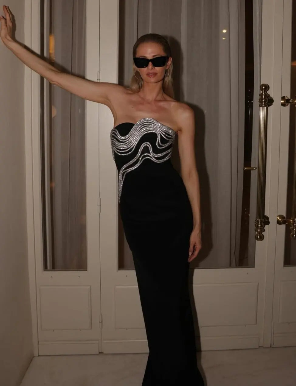 Vestido de celebridade no tapete vermelho feminino, sexy, sem alças, com linhas de diamante, bodycon, bandagem, vestido longo, elegante, para festa à noite