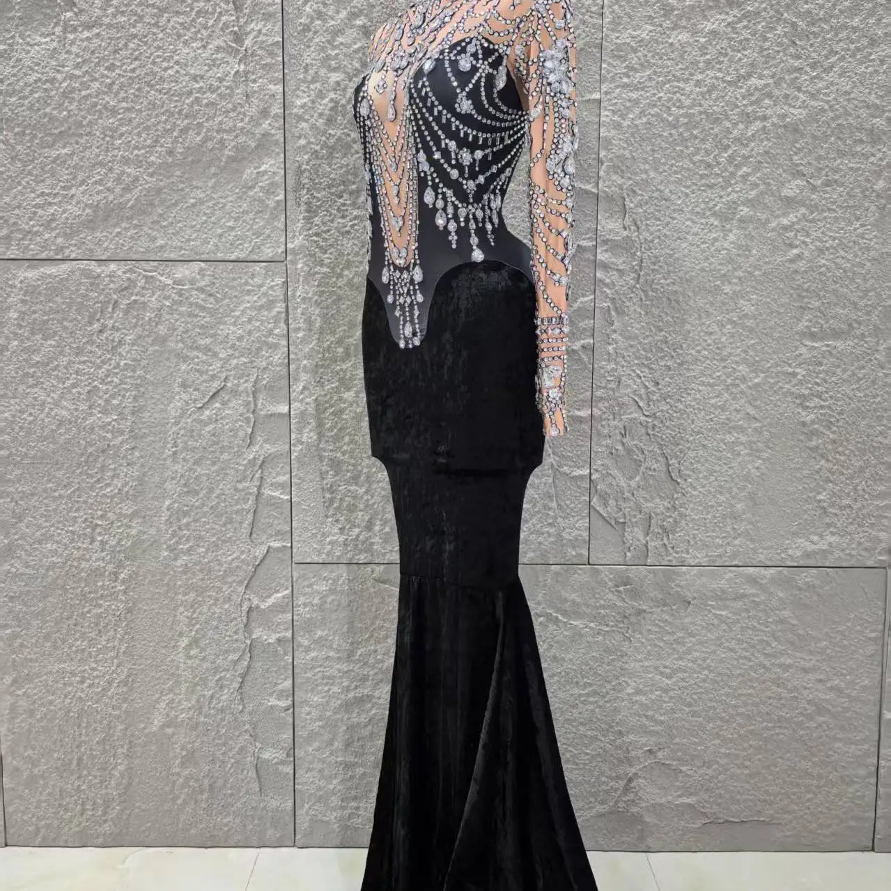 Women Long Sleeve Sexy Shinning Crystal Velvet Bodycon Floor-length Dress Celebrate Evening Party Birthday Cocktail Dress