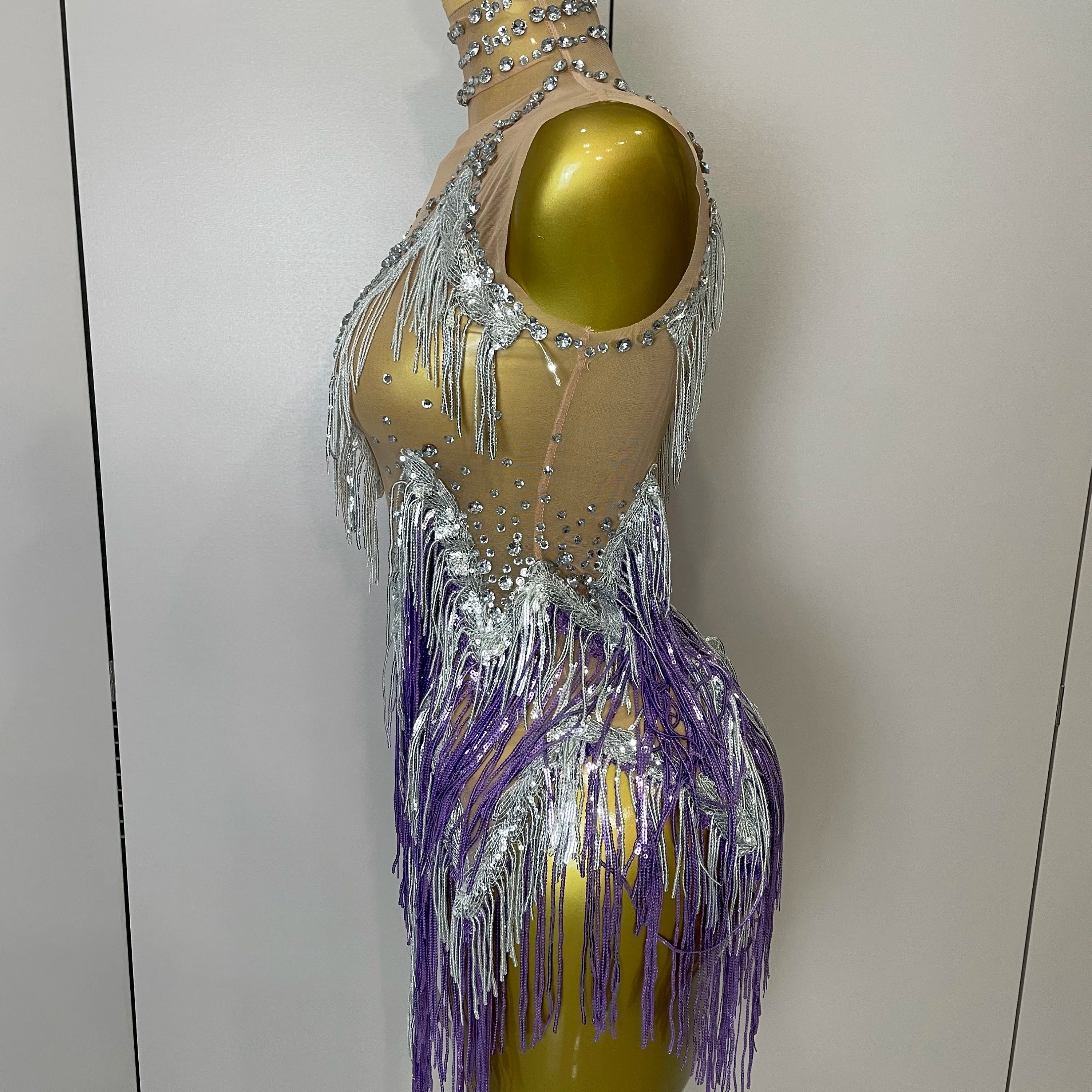 Stock 2025 Women Sexy Stretch Mesh Sparkly Rhinestone Tassels Mini Dress Nightclub Singer Dance Stage Costume Evening Gowns