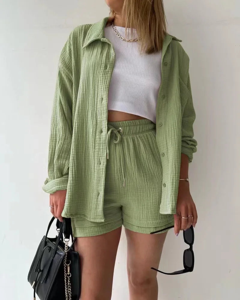 2 Piece Casual Sleepwear Cotton Pajamas for Women Turn-Down Collar Sleep Tops Suits with Shorts Gauze Cardigan Homewear Summer Light Green