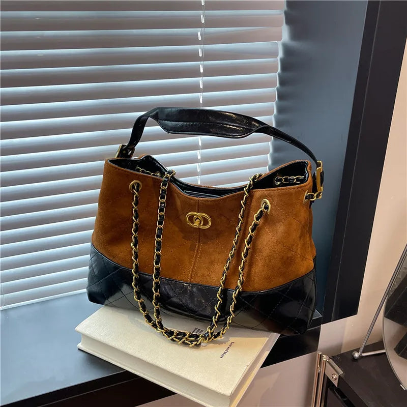 2025 New Matte Quilted Tote Bag for Women, Vintage Color Block Large Capacity Shoulder Purse, Multi-way Crossbody Bag for Work