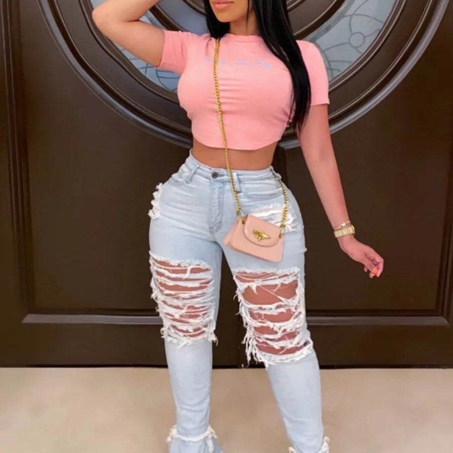 Plus Size Ripped Flared High Stretchy Jeans Streetwear Straight Pants Loose Wide Leg Pants Ladies Jeans Y2K Summer Jean