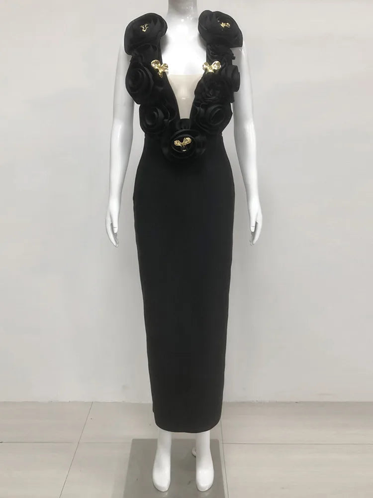 Vestido longo, sexy, com decote em V profundo e flores, estilo celebridade, preto, longo, bandagem justa, elegante, para festa noturna, 2025