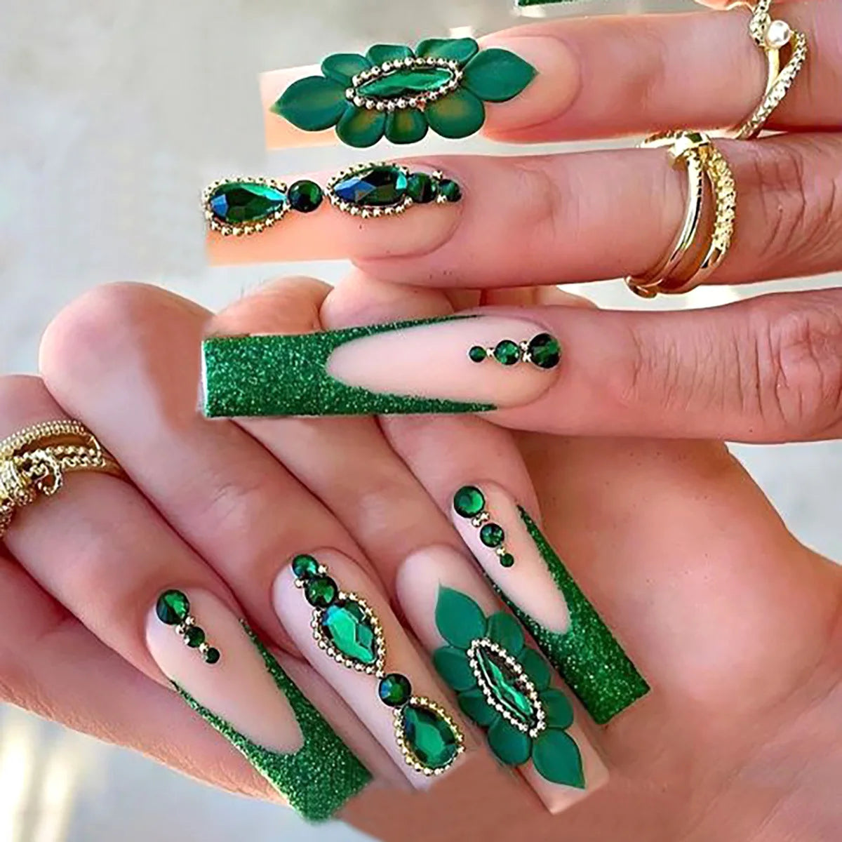 24Pcs Long Square Fake Nail Green Smudge French Wearable Press on False Nails 3D Gold Butterfly Rhinestone Full Cover Nails Tips