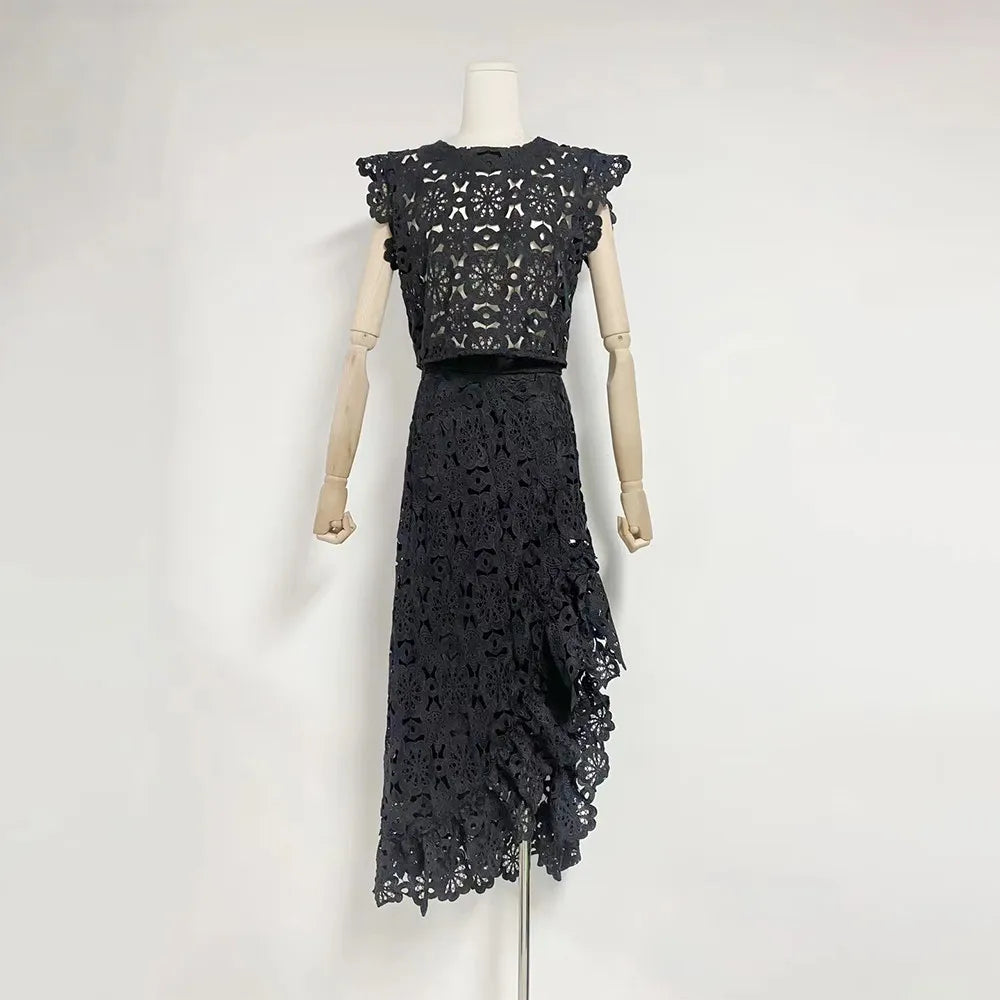Hollow Out Embroidery Two Piece Set For Women Round Neck Sleeveless Top High Waist Split Skirts Elegant Sets Female
