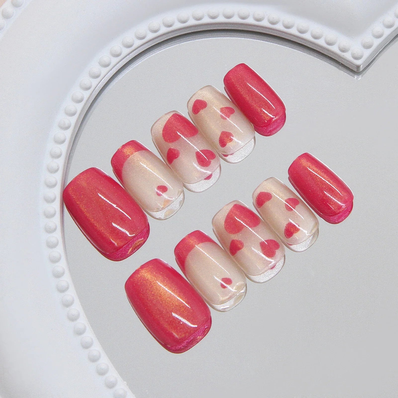 Glossy Pink French Fake Nails 30Pcs Short Square Press On Nails Love Heart Printed Detachable Charm Manicure Nails Supplies