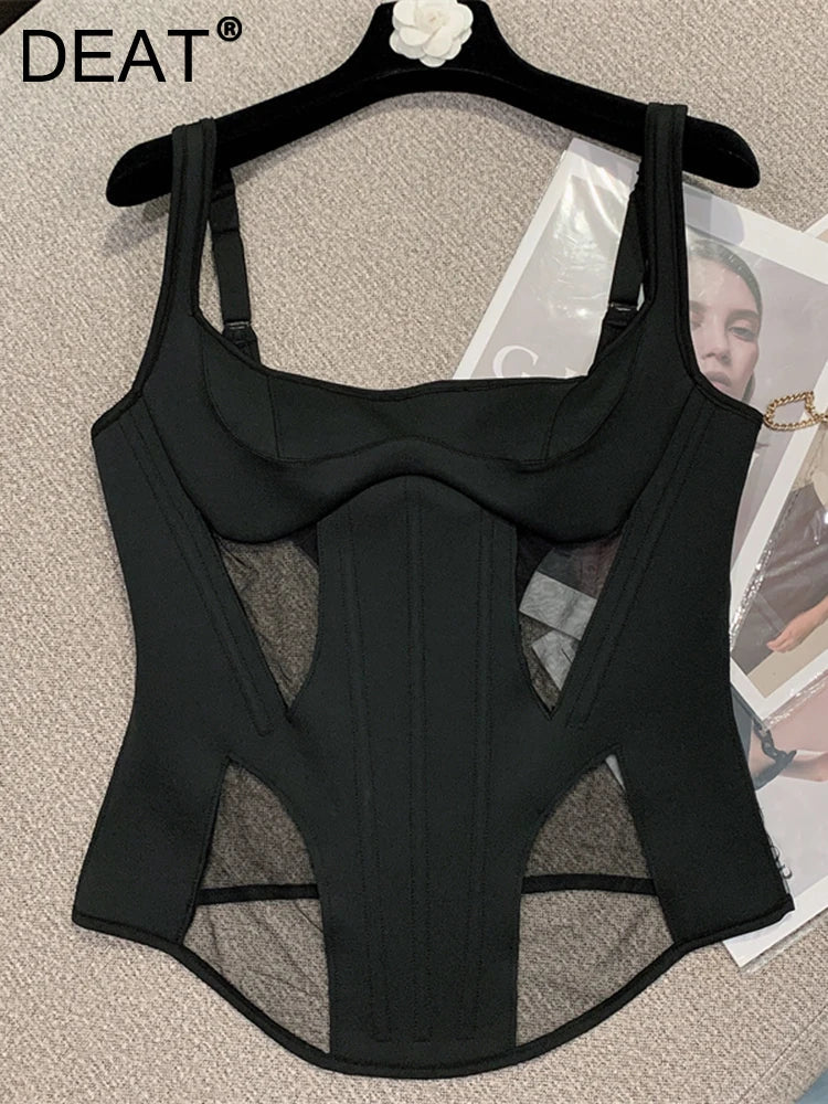 DEAT Summer New Sexy Hollow Out Mesh Patchwork Slim Suspend Women's Backless Black Color Sleeveless Tops Female 11XX3975
