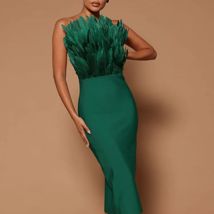 Summer Fashion Women Sexy Strapless Backless Brown Hot Pink Feather Bodycon Bandage Dress Elegant Evening Club Party Dress