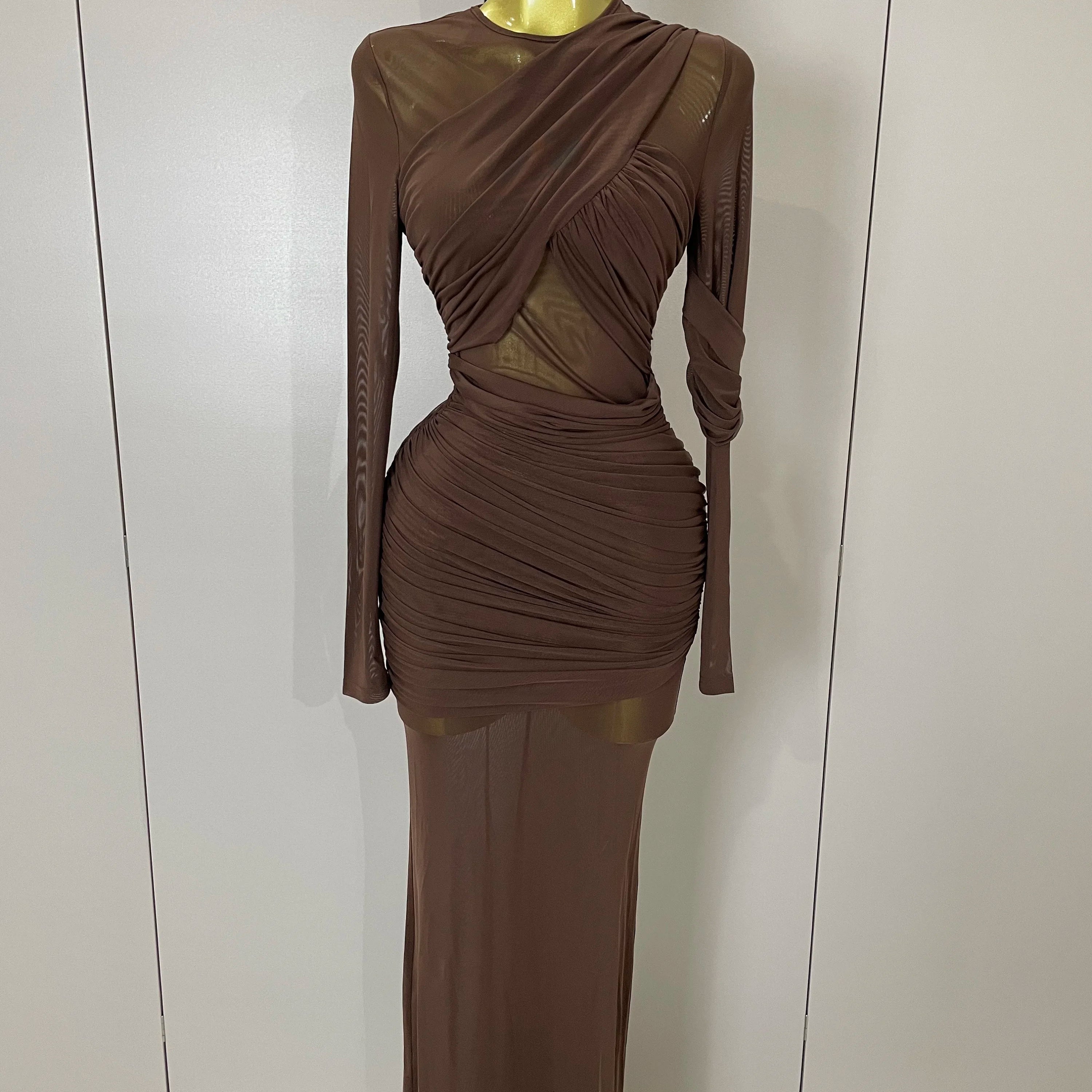 2025 Women Elegant Brown Mesh Fold Long Sleeve Bodycon Dress Evening Party Club Sexy Perspective Fashion Luxury Birthday Dresses