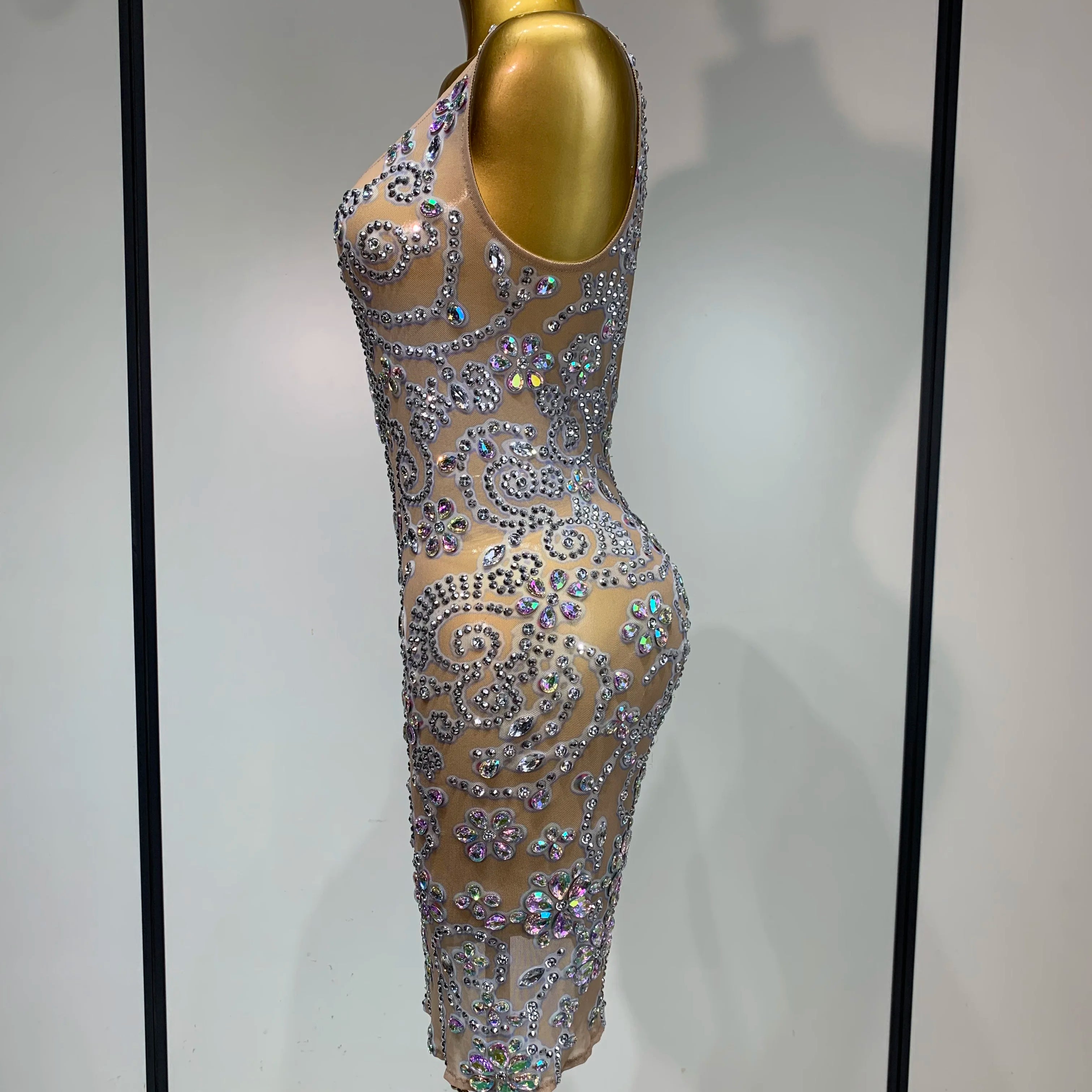 Celebrity Elegant Party Sparkly Rhinestones Transparent Mesh Short Dress Luxury Birthday Nightclub Outfit Perform Stage Costume