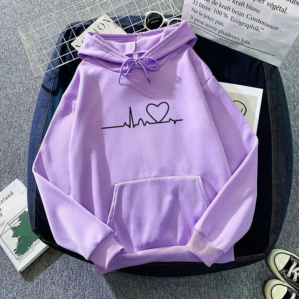 Autumn Winter Women Fleece Hoodies Thick Warm Female Long Sleeve Hooded Sweatshirts Casual Print Lady Loose Pullover Tops purple love velvet