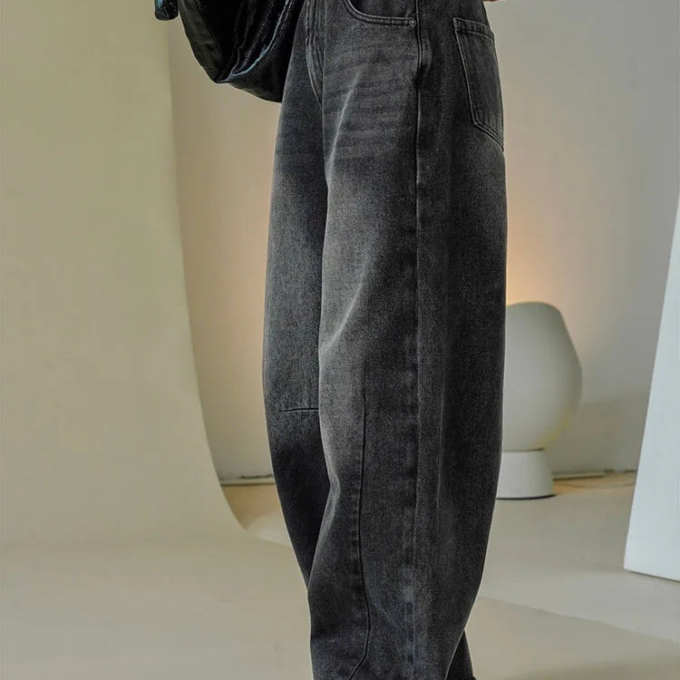 [LANMREM] Vintage Washed Jeans For Women High Waist Straight Wide Leg Denim Pants Streetwear Trousers Spring New 26D8252