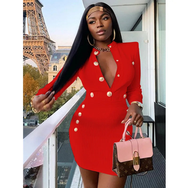 Winter Style Sexy Long Sleeve Key Hole Button Pink Mini Women Bodycon Bandage Dress Elegant Evening Club Party Dress Red