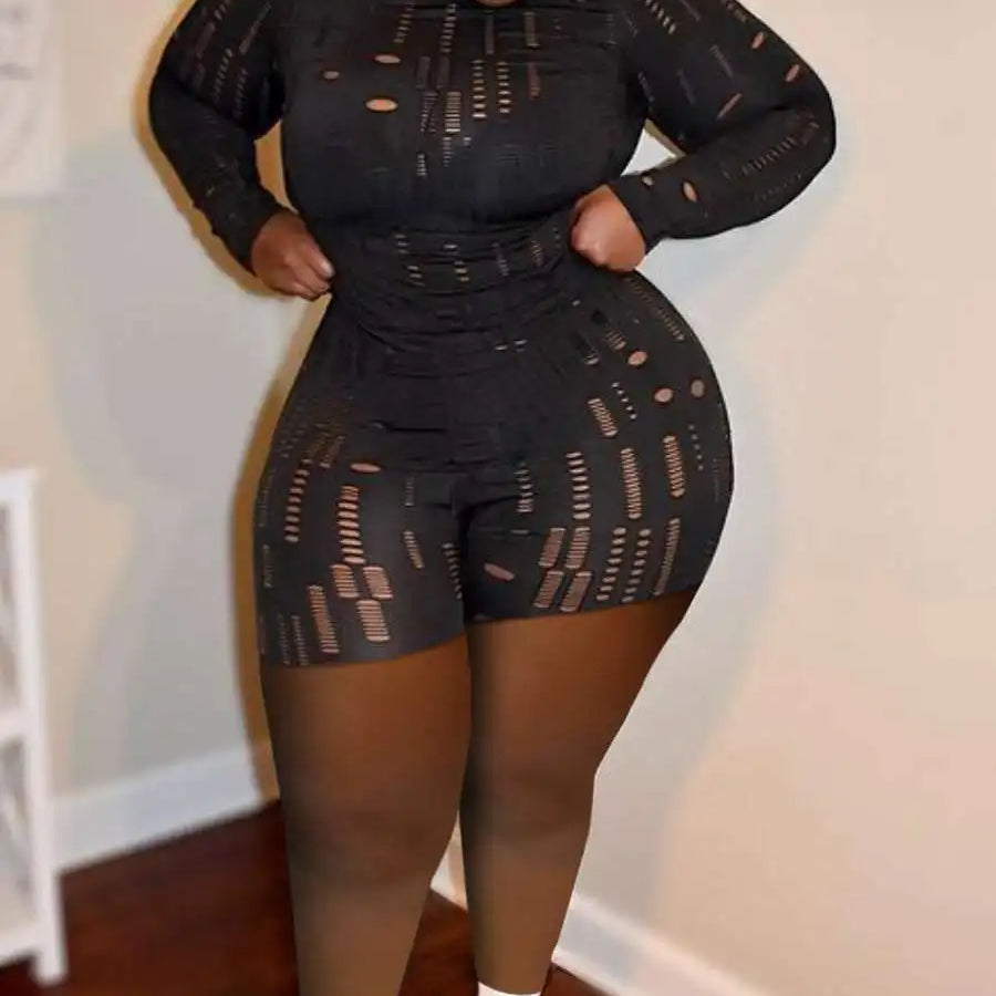 LW Plus Size Shorts Set Pierced Stretchy Sexy Women Casual O Neck Sheath Summer Vestidos Matching Outfits