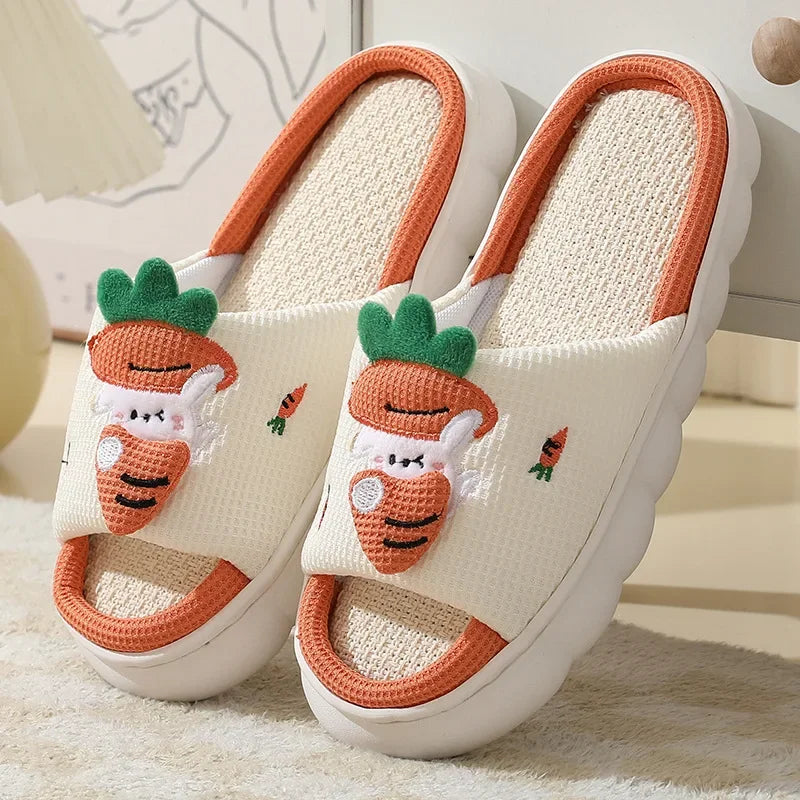 Women Milk Cow Linen Slippers Four Seasons Men Indoor Sandals Adults Cartoon Slides Couples Cute Breathable Home Shoes B