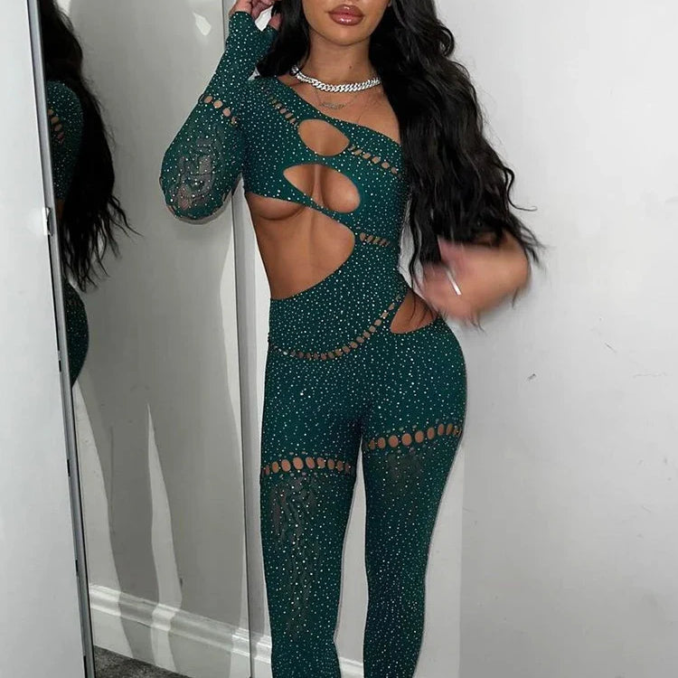 Sibybo Sexy Single Rotator Cuff Hollow Out High Elastic Jumpsuit Luminous Rhinestones Solid Color Trousers Spicy Girl Streetwear Dark Green One Size