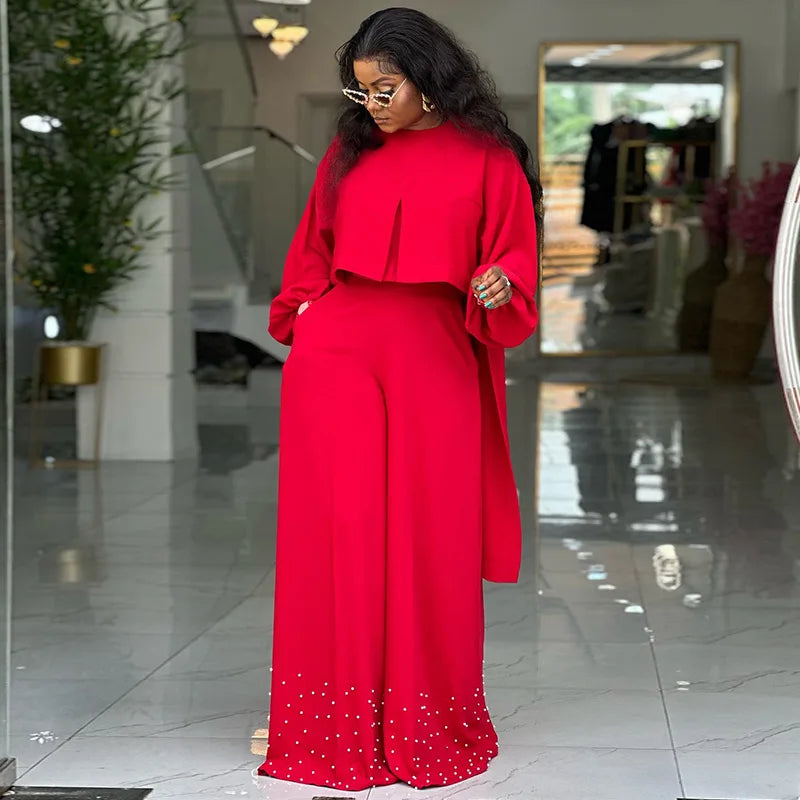 CM.YAYA Women's Set Long Sleeve High Low Maxi Blouse and Pearl Beading Wide Leg Pants 2025 Two 2 Piece Sets Outfits Tracksuit Red