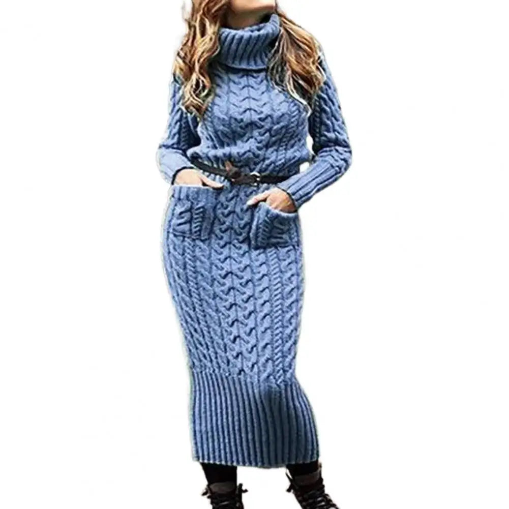 Korean Style Twist Knitted Long Dress Autumn Turtleneck Back Split Pockets Twisted Knit Casual Long Sweater Dress Blue