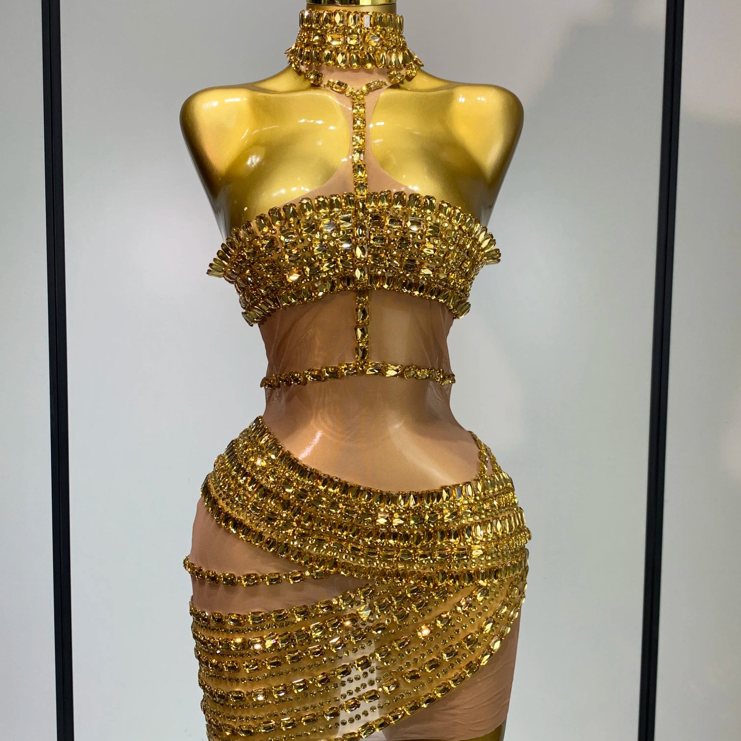 Sparkly Red Rhinestone Mini Dress Womer Sexy Mesh Birthday Wedding Party Prom Gowns Drag Queen Costume Singer Stage Outfit