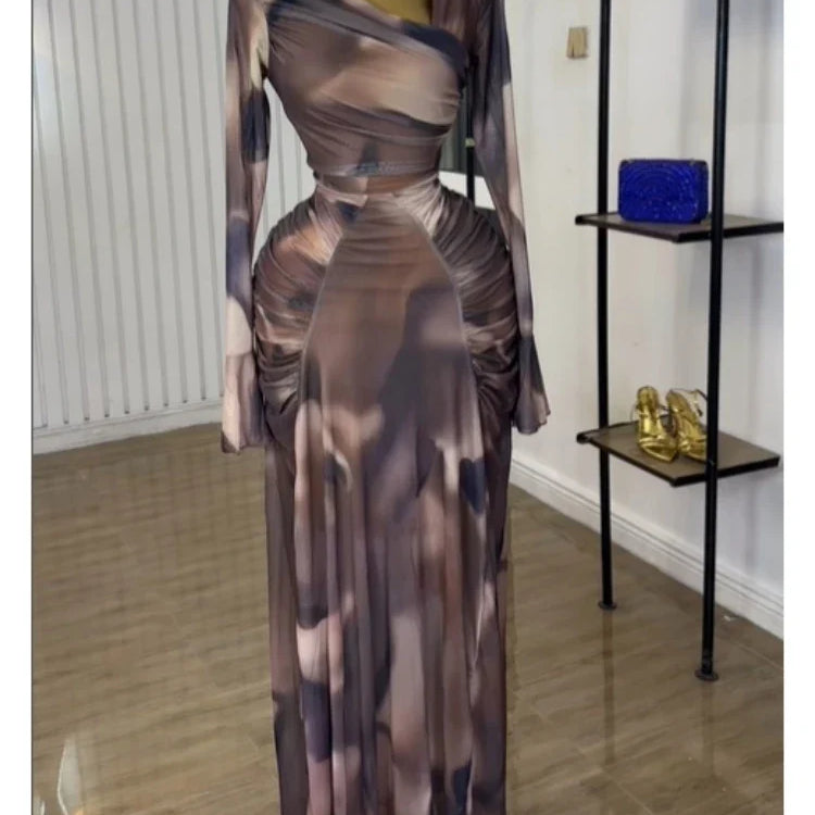 CM.YAYA Women Tie Dye Printed Skew Neck Flare Long Sleeve Ruched Stacked Maxi Long Dress 2025 Summer Birthday Sexy Party Dresses