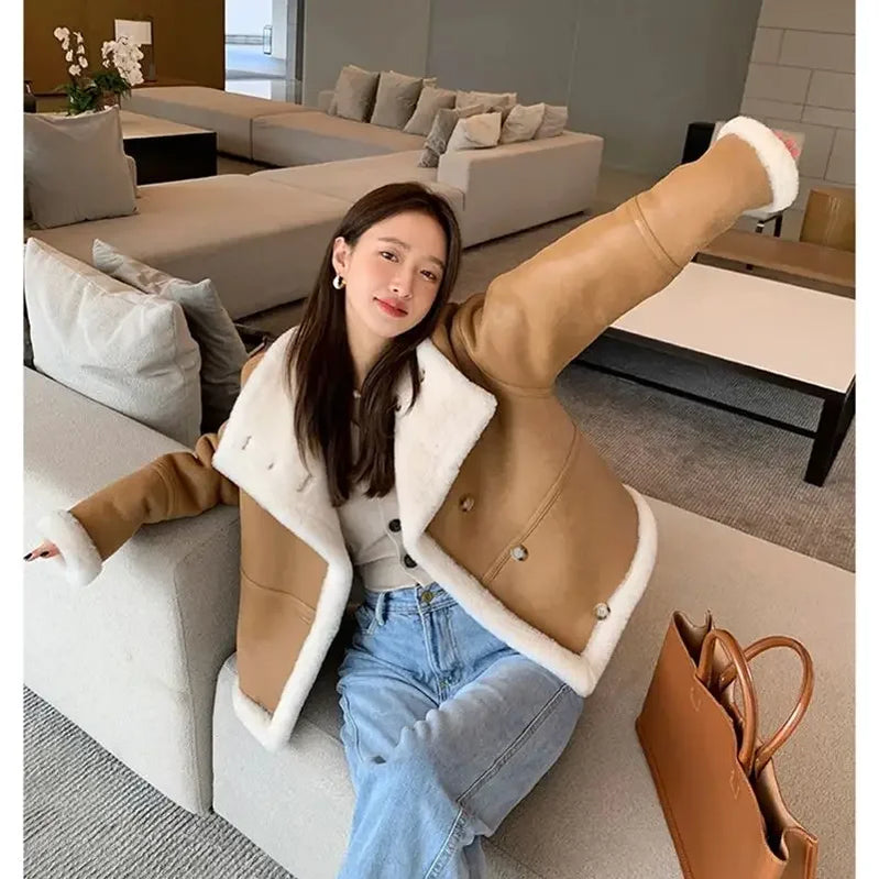 Lady Fashion Wool Jackets Women Fashion Real Wool Lamb Fur Coat Winter Jacket LSBH69