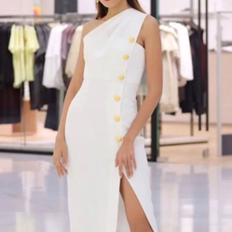 White Color Women Sexy One Shoulder Button Bodycon Mini Dress Rayon Bandage Fashion Nihtclub Party Elegant Evening Party Dress