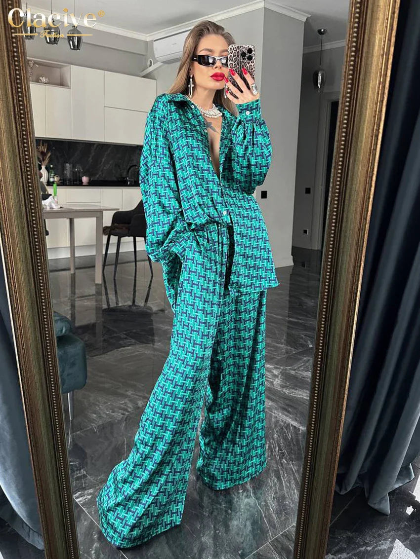 Clacive Fashion Loose Print 2 Piece Sets Women Outfit Elegant Long Sleeve Shirt With High Waist Wide Pants Set Streetwear Green