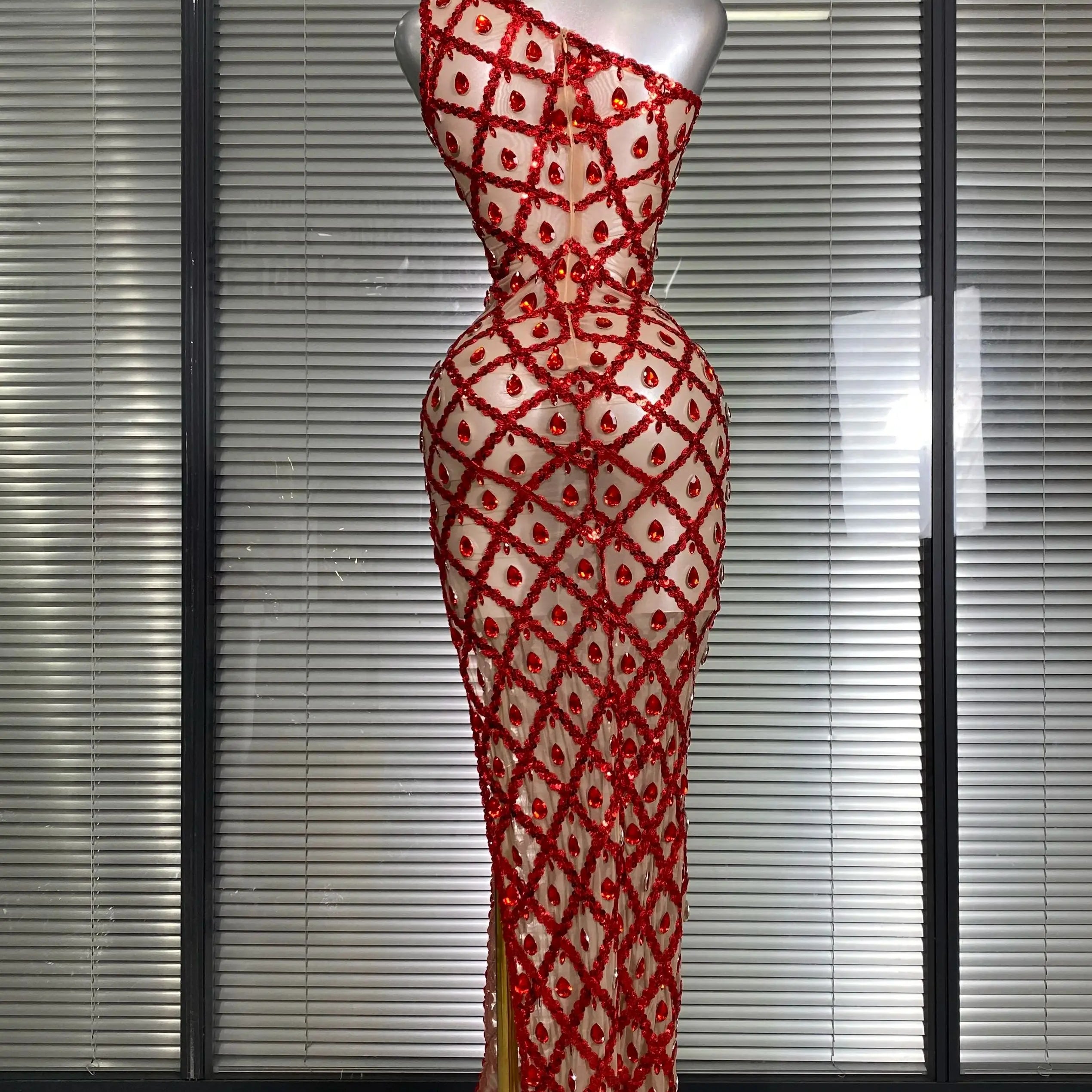 New Women Sexy One Shoulder See Through Crystal Diamonds Long Dress Birthday Party Costume Bar Singer Stage Performance Dress