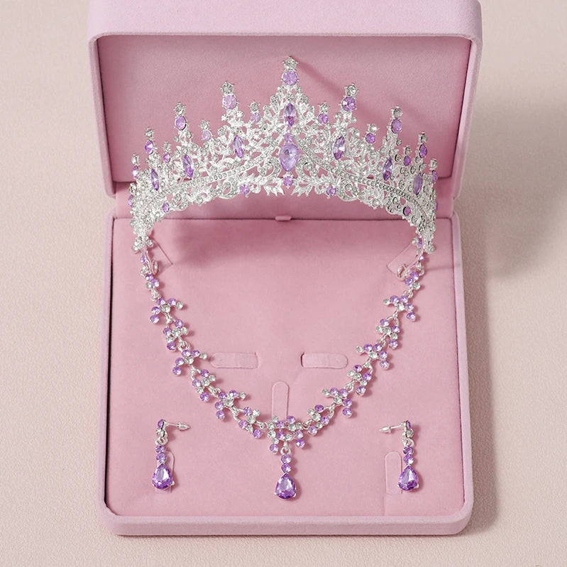 Bridal Jewelry Sets Crown Necklace Earrings Four Pack Silver Colour Women's Fashion Wedding Tiaras TS-0002-J-XL-0018-G Tiaras