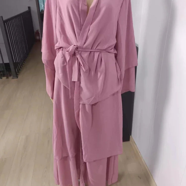 New In Women Abaya NO SCRARF(Encrypted Chiffon)Elegant Muslim Stitching Three Layer Abaya Ruffle Sleeves Cardigan Marocain Dress Purple powder