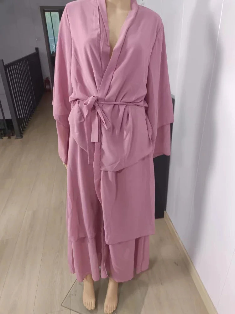 New In Women Abaya NO SCRARF(Encrypted Chiffon)Elegant Muslim Stitching Three Layer Abaya Ruffle Sleeves Cardigan Marocain Dress Purple powder