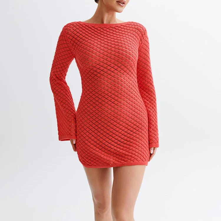 Backless Long Sleeve Knit Mini Dress For Women Fashion Elegant Spring Summer See Through Beach Holiday Dress Beachwear