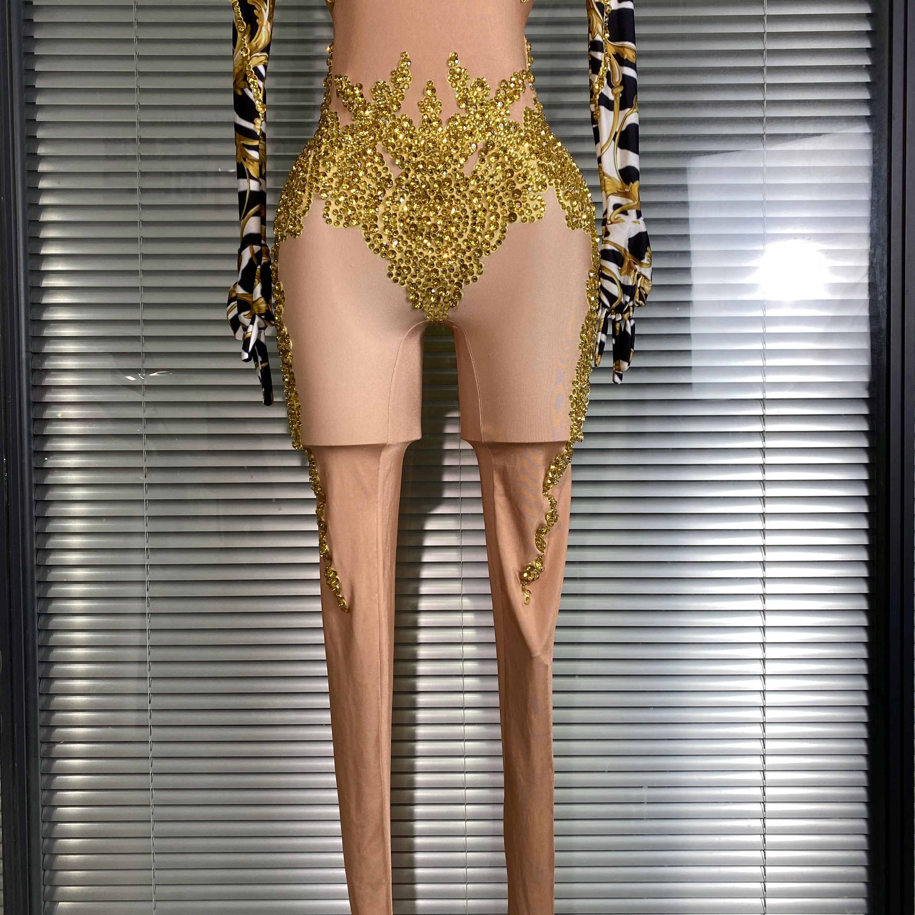 Women Sexy Skin Gold Bodycon Jumpsuit Celebrity Designer Singer Dancer Night Club Rompers