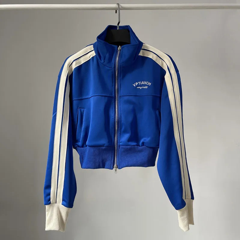 [YOZOU] Spring Double Zipper Baseball Cropped Jacket Women Outerwear Embroidered Striped Green Black White Blue Zip Up Coat Blue