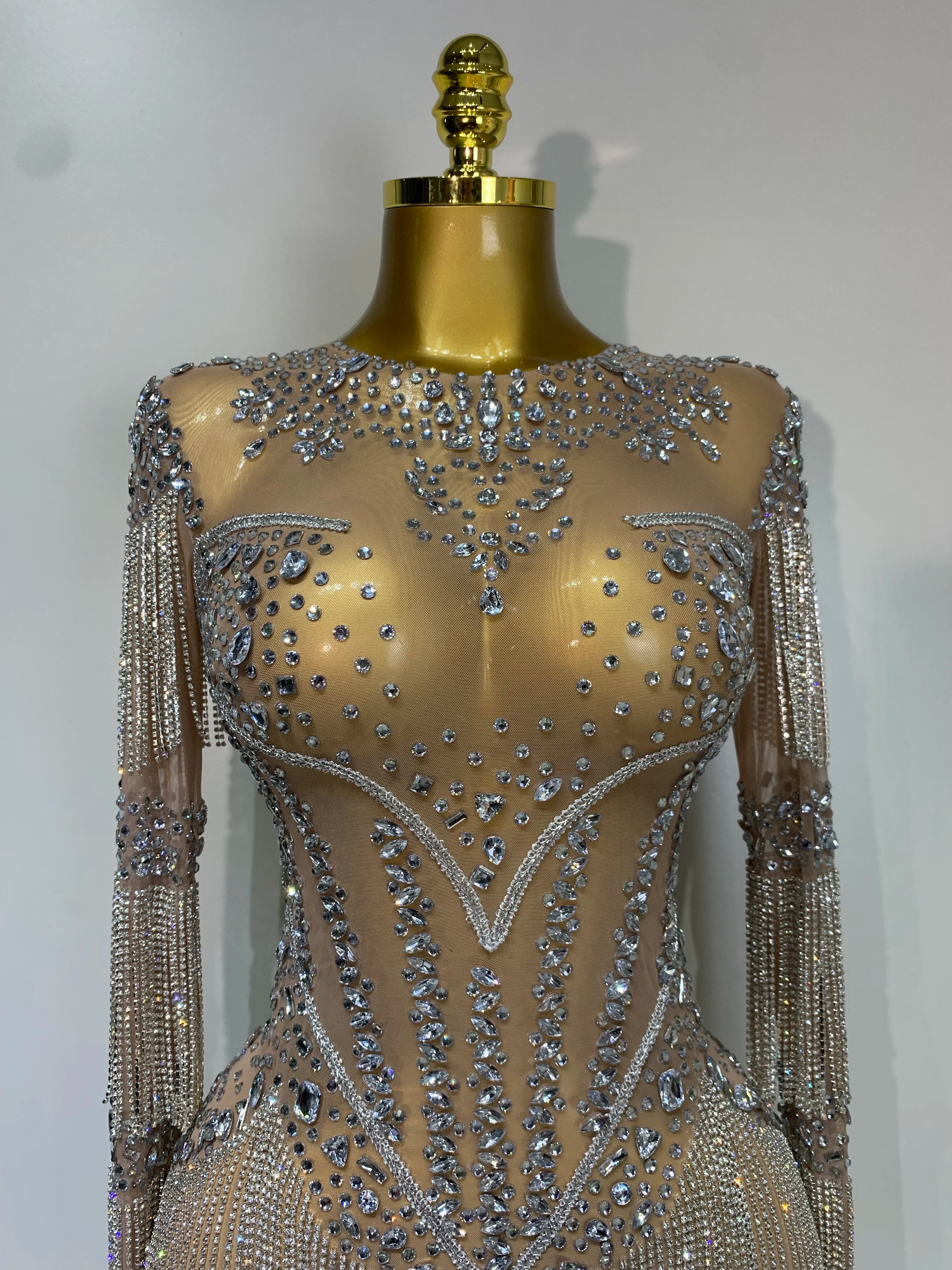 Women Sexy Mesh See Through Performance Dance Nightclub Rompers Singer Stage Outfit Sparkly Rhinestone Bodysuit Birthday Wear