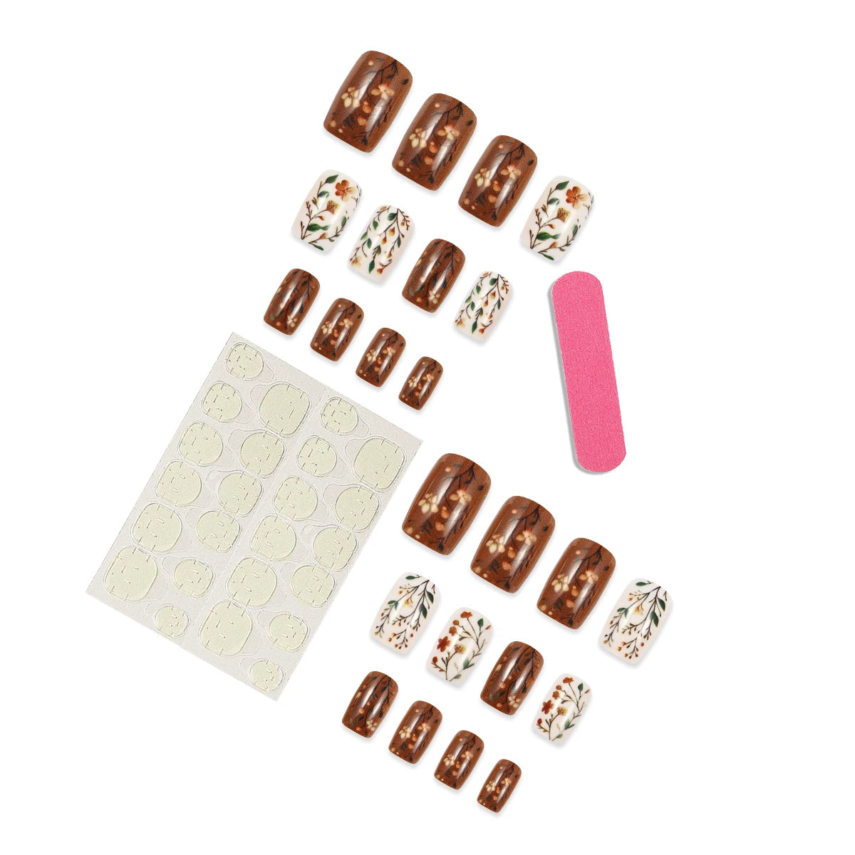 24Pcs Short Square Head Fake Nails Leaf False Nails with Flowers Simple French Tips Wearable Summer Full Cover Press on Nails