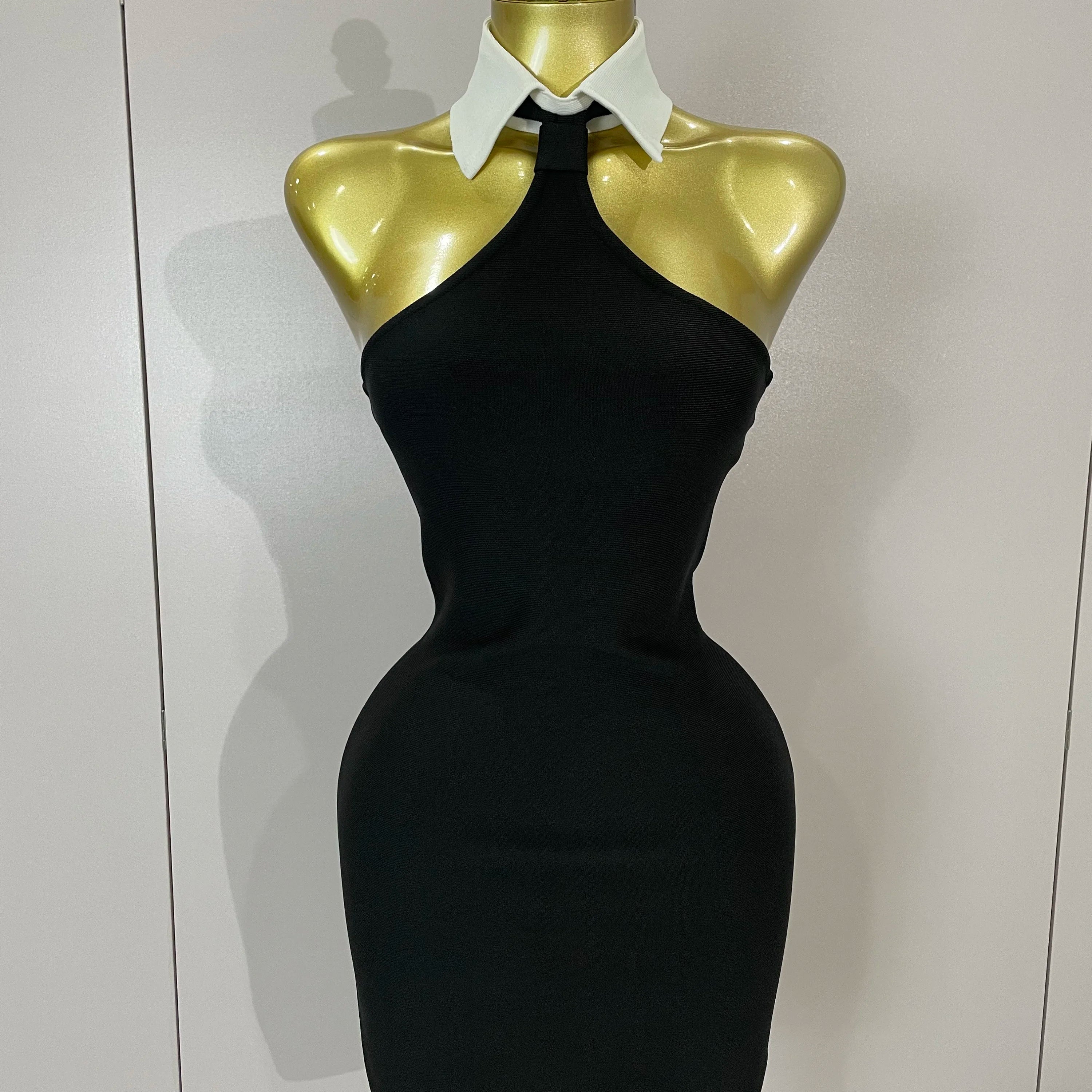 Sexy Backless White Shirt Collar Black Mini Bodycon Bandage Dress 2025 Women Elegant Evening Club Party Luxury Birthday Dresses