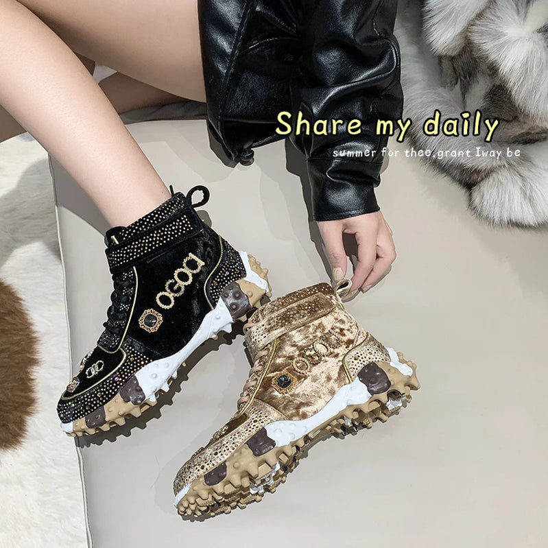 Ladies Vulcanized Shoes High Top Durian Sole Women Shoes Fashion Rhinestone Decoration Magic Sticker Lace Up Black Women Shoes