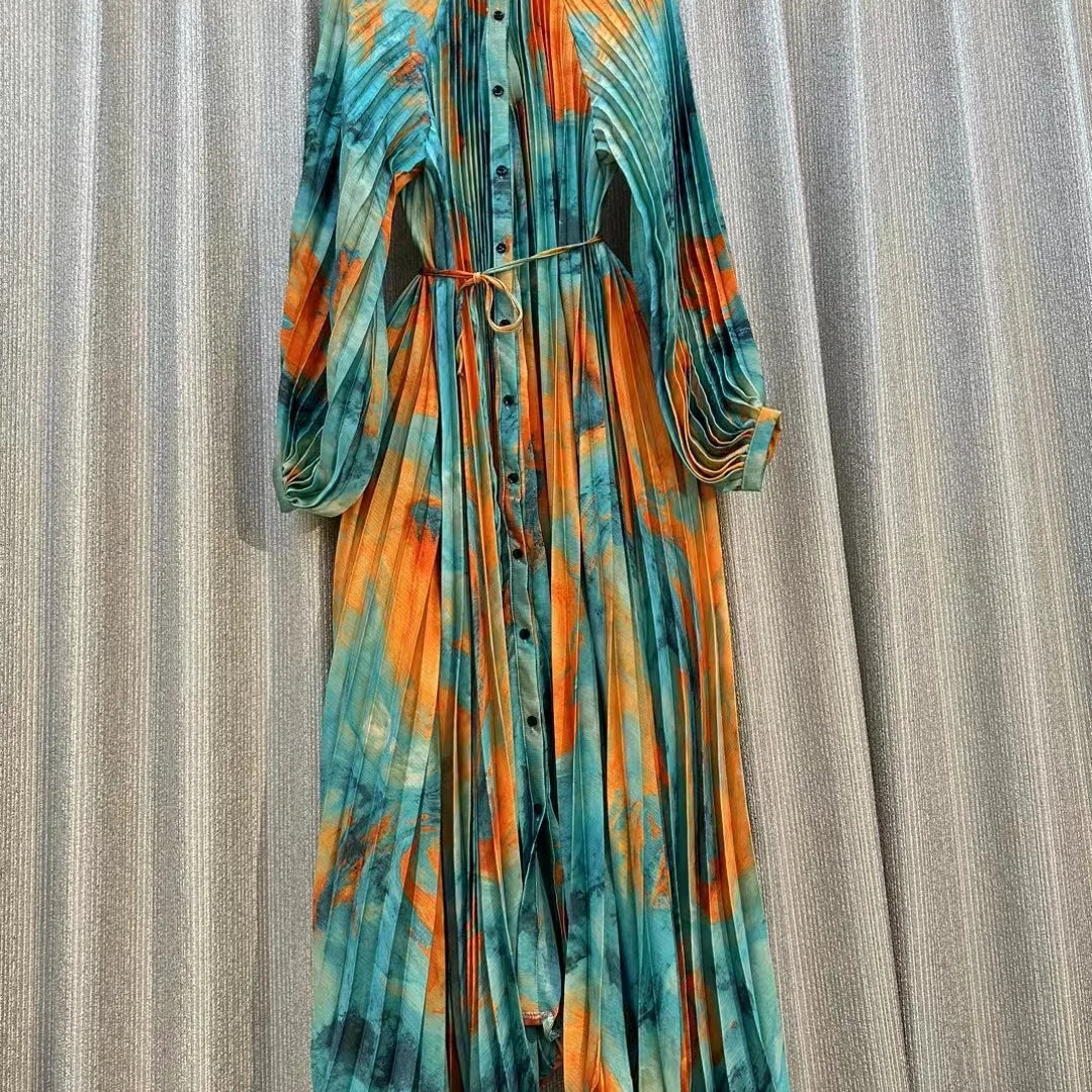 French Chic Print Pleated Maxi Party Dress For Women Retro Single Breasted Long Sleeve A-line Autumn Casual Vacation Female Robe Blue orange One Size