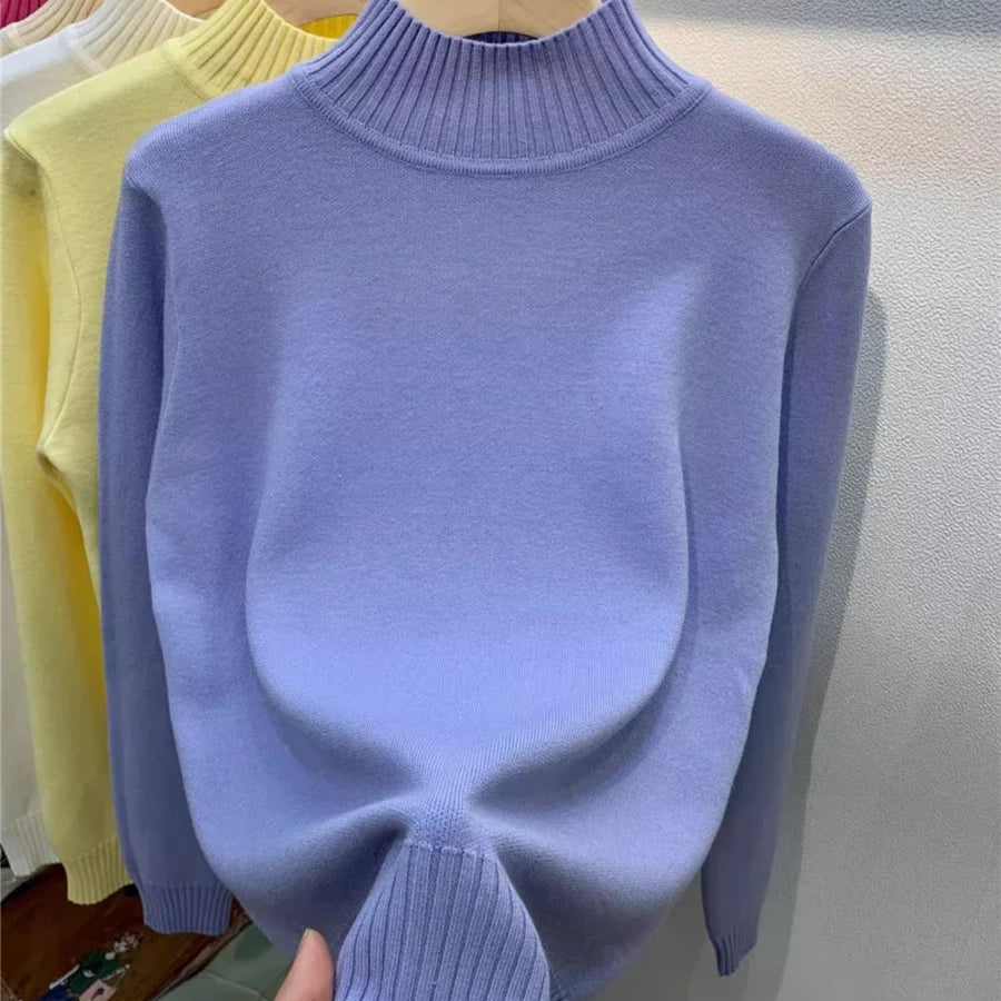 Candy Color Half Turtleneck Sweater Pullover Women Fall Winter Slim Soft Knitwear Jumper Korean Casual Warm Knit Long Sleeve Top light blue