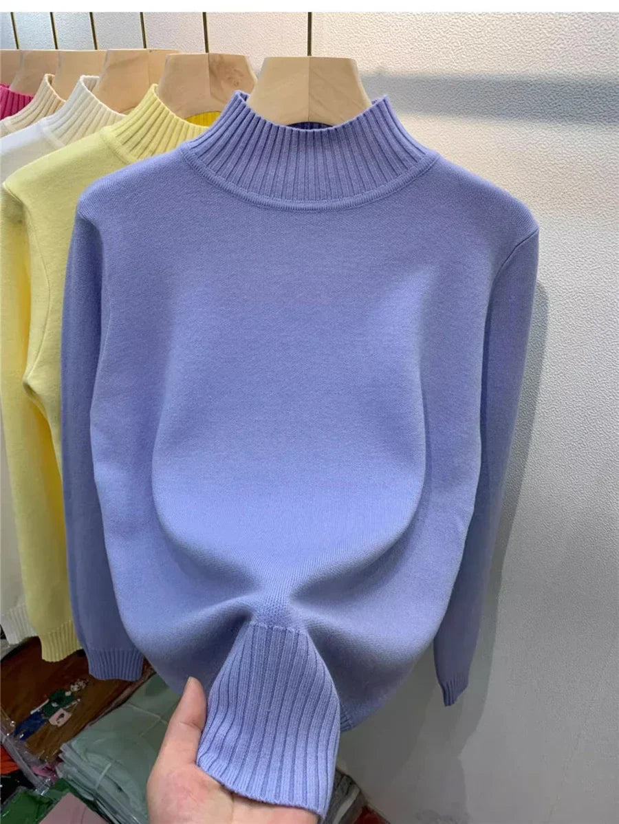 Candy Color Half Turtleneck Sweater Pullover Women Fall Winter Slim Soft Knitwear Jumper Korean Casual Warm Knit Long Sleeve Top light blue