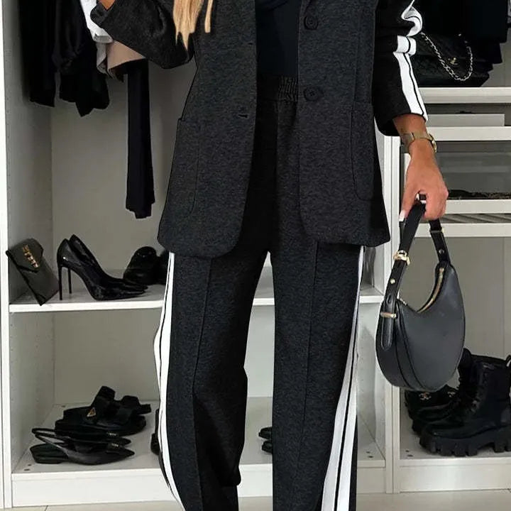 CM.YAYA Elegant Women Pants Suit and Long Sleeve Blazer Matching Set OL Streetwear Two 2 Piece Set 2024 Winter Ribbon Outfits Black