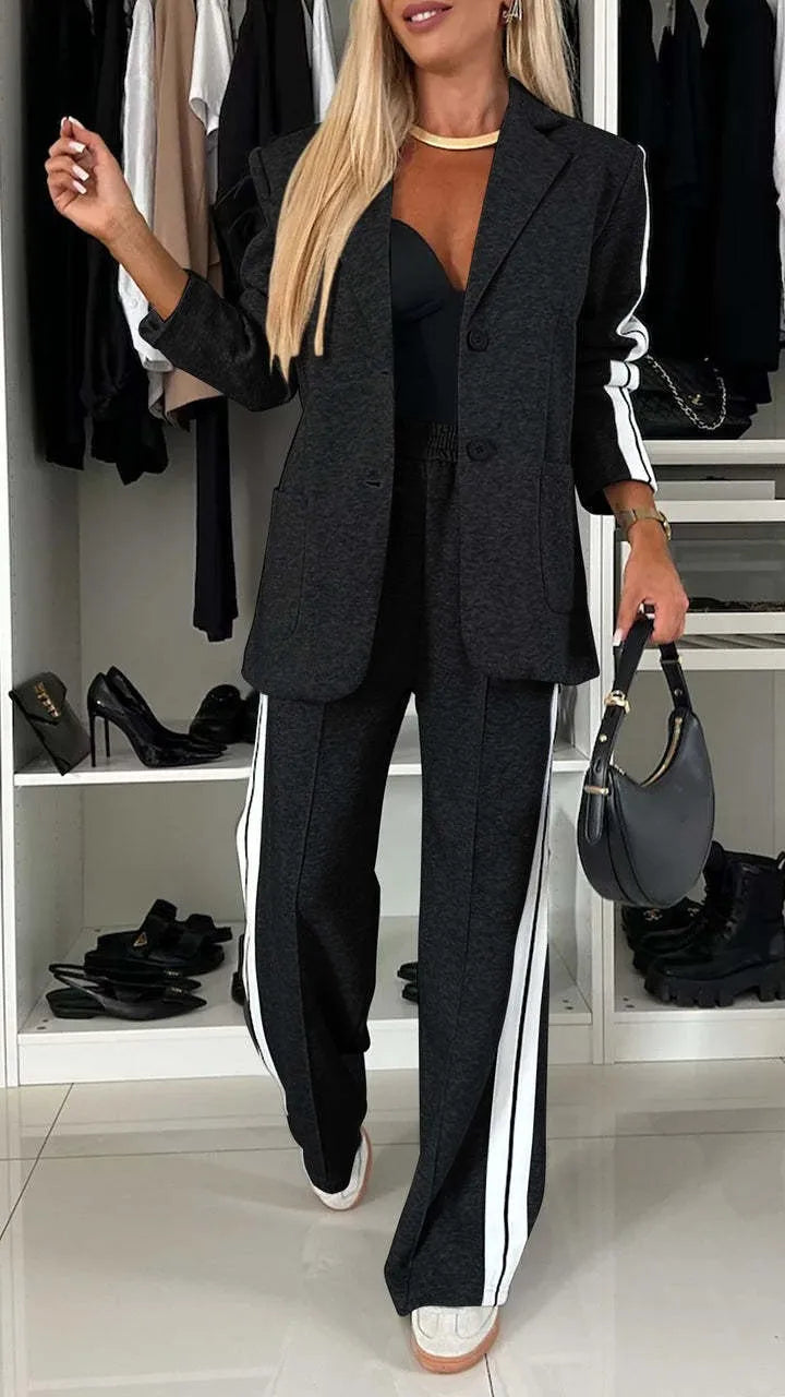 CM.YAYA Elegant Women Pants Suit and Long Sleeve Blazer Matching Set OL Streetwear Two 2 Piece Set 2024 Winter Ribbon Outfits Black