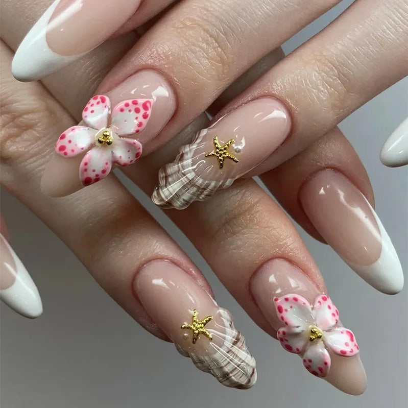 24Pcs 3D Flower Red Smudge French Full Cover Nails Tips Mid-length Almond False Nails Press on Detachable Artificial Fake Nails